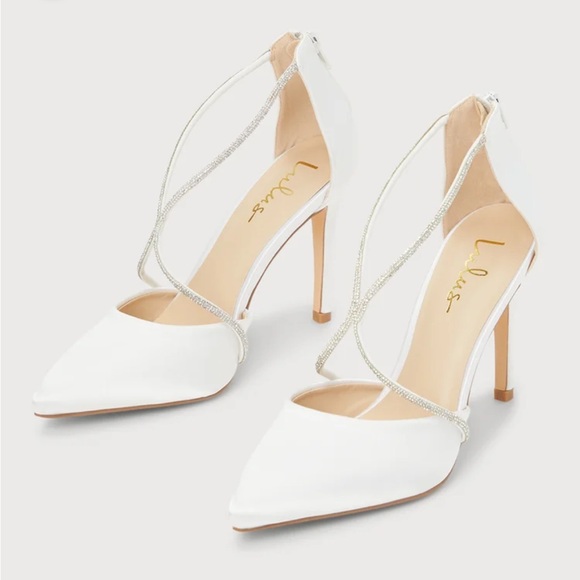 Lulus Aidan White Satin Rhinestone Pointed Toe Pumps - Picture 1 of 5